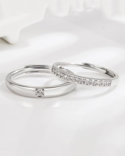2 Pcs Couple Rings for Women and Men Couples Matching Rings Cubic Zirconia Half Eternity Band Rings Anniversary Promise Engagement Wedding Ring Sets Adjustable4