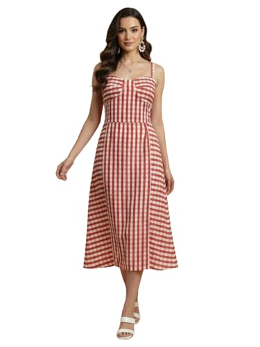 Image of Aahwan Fit and Flare Red Gingham Check Shoulder Ties Slim Fit Midi Cami Dress for Women's & Girl's
