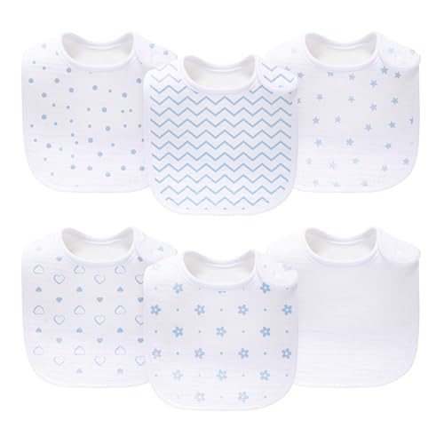 lazyrhino Baby 6-Pack Unisex Muslin Bibs, Absorbent, Soft, and Cute for Baby Boys and Girls, 100% Cotton (blue-bw)
