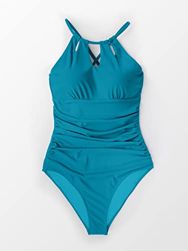 Cupshe AB20774GM Women'S One Piece Swimsuit High Neck Tummy Control Swimwear Bathing Suit Turquoise M thumb #3
