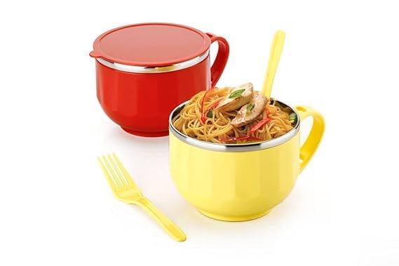 JEE Nuts and Traders Noodle Bowl with Lid and Utensils, Stainless Steel Soup Mug, 500 ml, Color May Vary Set of 2 pcs 2