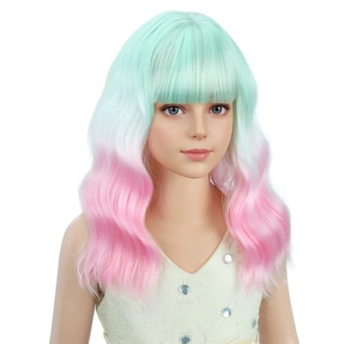 Image of PATTNIUM Girls Green White Pink Wig with Bangs Kids Short Wavy Curly Wig Rainbow Wigs Synthetic Halloween Costume Cosplay Party Wigs