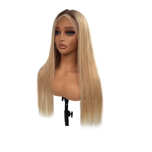 Image of Ash Blonde Lace Front Wig Human Hair, 13x4 Silky Straight Mini Knots HD Invisible Lace Wig for Women Glueless Blonde with Brown Highlights Wigs 26 Inch 180% Density Pre Plucked Free Part Frontal Wigs