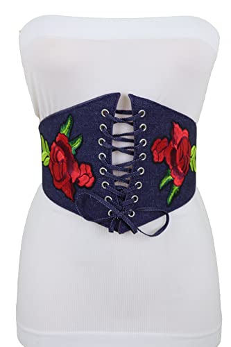 Women Fashion Wide Corset Stretch Belt High Waist Dark Blue Navy Denim Flowers S M2