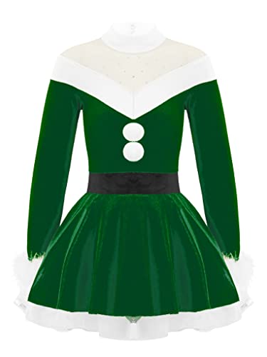 Mufeng Kids Girls Snowman Costumes Christmas Santa Dress Mrs Claus Fancy Dress Up Figure Ice Skating Dance Dress Long Sleeves Green 16