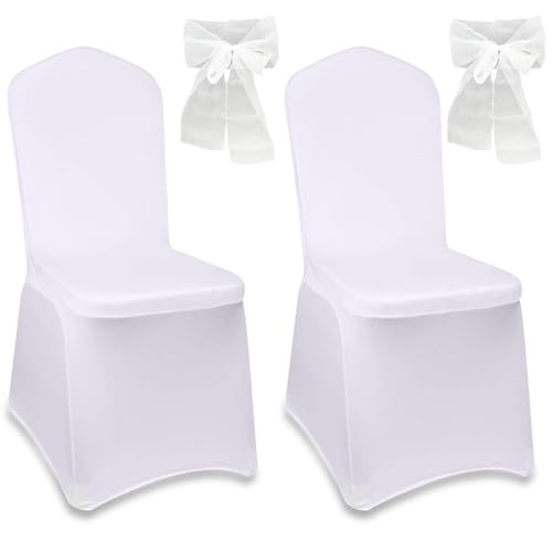 WZYTEU 2 fundas blancas para sillas de boda con 2 lazos blancos, lazos elásticos para bodas, fiestas, hoteles, restaurantes