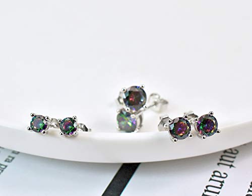 Rainbow Earrings Set for Women Men Sterling Silver Round Stud Earrings Set Hypoallergenic Colorful Cubic Zirconia Earrings for Sensitive Ears Minimalist Earrings Gifts for Him Her,4MM,5MM,6MM,3 Pairs4