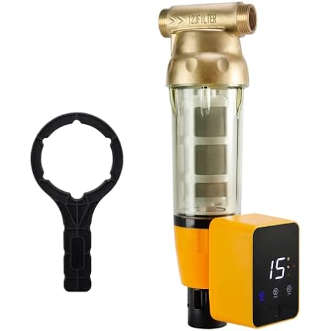 iSpring WSP100ARB Spin Down Sediment Water Filter, Reusable with Touch-Screen Auto Flushing Module and Built-in Housing Scraper, Brass Top Clear Housing, 100 Micron Cover
