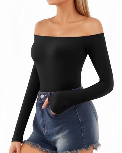MANGOPOP Off The Shoulder Tops for Women Sexy Long Sleeve T Shirt Slim Fitted Tee Casual Blouse Going Out Tops2