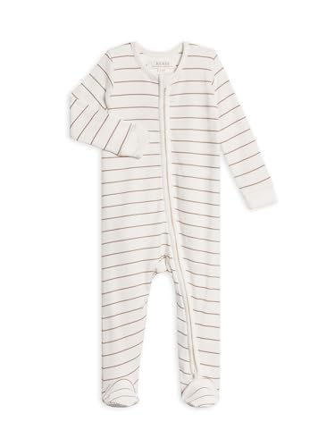 Image of Colored Organics Baby Zip-Up Footed Sleeper with 2-Way Zipper - Newborn Organic Cotton Pajamas - Dario Stripe/Oat Ribbed 0-3M