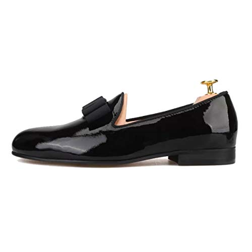 FERUCCI Handmade Men Plain Black Patent Leather with Black Bow Slippers Loafers4