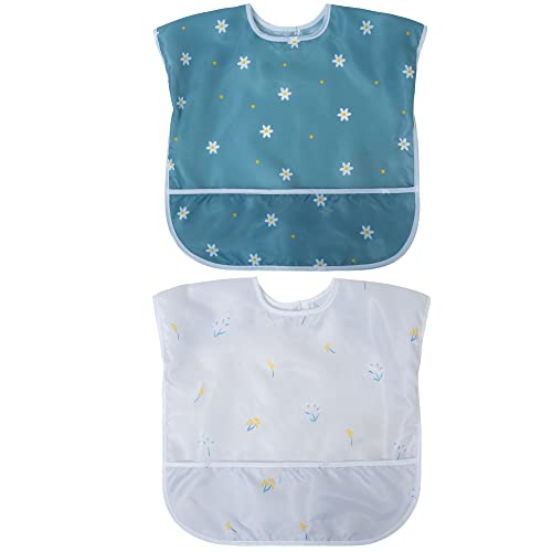 Little Dimsum Toddler Feeding Smocks Baby Waterproof Bib with Crumb Catcher Pocket Short Sleeve Adjustable Baby Bib, Pack of 2 Colors Flower Sets