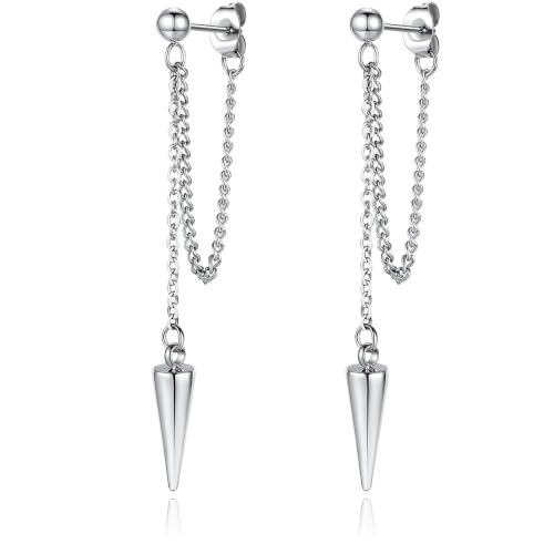 Fiklon Stainless Steel Dangle Earrings for Women Silver Spike Edgy Drop Chain Earring Dangly Tassel Earrings Gothic Goth Punk Jewelry (Spike_Silver)