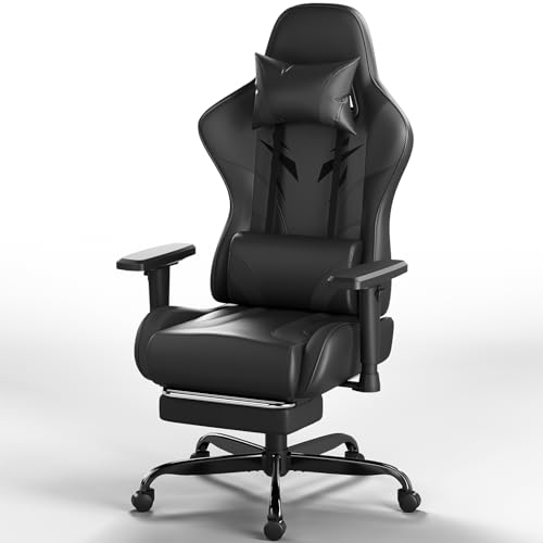 JUMMICO Gaming Stuhl mit verstellbaren Armlehnen, Bürostuhl Ergonomisch mit Fußstütze, Gamer Stuhl Belastbarkeit 150 kg, schwarz