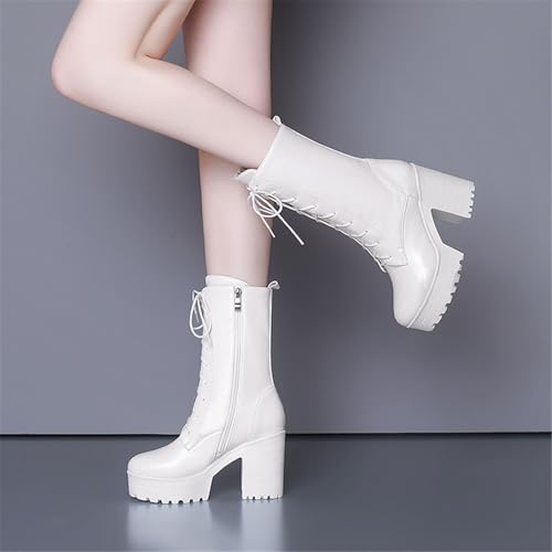 Image of FOREADA Goth Platform Heel Combat Boots Women Pearl Lace Victorian Booties