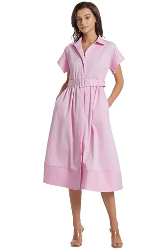 Image of Ladyful Women Casual Button Down Shirt Dress Short Wing Sleeve Buiness Midi Shirt Dress with Belt Elegant Dress