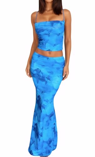 Image of Women High Stretchy Adjustable Strap Backless Floral Two Piece Maxi Skirt Set Summer Outfits 2026
