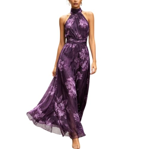 Floral Chiffon Halter Maxi Dress Wedding Guest Dress for Women (Medium,Dark Purple)