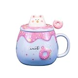 Bibykivn Tazza In Ceramica Donut Regali Per Bambini Completo Di Coperchio Per Tazza E Agitatore 460 Millilitri Design Accattivante Carina Creativa Casa Colazione Latte Cappuccino Caffè (Blu)