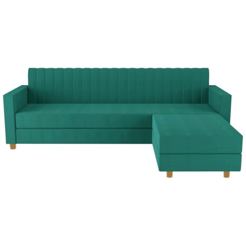 Image of Rosebell 3 + 1 Wooden 4 Seater L Shape Velvet Sofa Set | Convertible Modular Sectional Couch for Living Room | Space-Saving Design for Home & Office Guest Room- Green Color