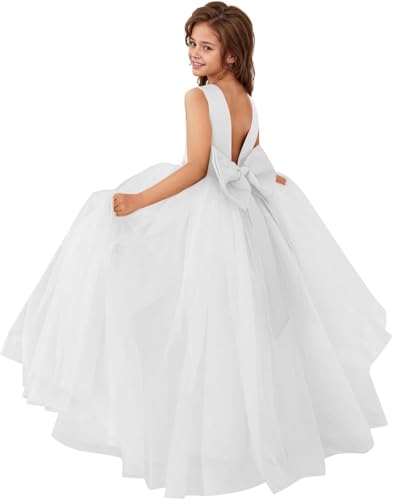 Sleeveless Flower Girls Satin Tulle Princess Pageant Dress for Wedding Kids Backless Ball Gowns with Bow-Knot