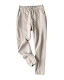 IXIMO Women's Tapered Pants 100% Linen Drawstring Back Elastic Waist Pants Trousers with Pockets Khaki M