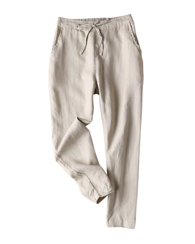 IXIMO Women's Tapered Pants 100% Linen Drawstring Back Elastic Waist Ankle Length Pants