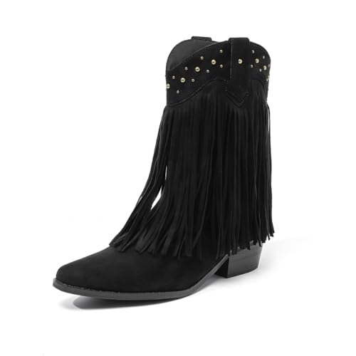 Amoji Womens Western Cowboy Boots Cowgirl Tassels 70S Hippie Fringe Boots Mid Calf Boots Pull On FZD307LS Black Size 9