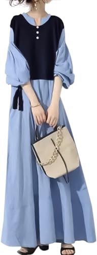 [ ニューネ ] ドッキング ワンピース レイヤード 風 ロングワンピース カジュアル 体型カバー 春 夏 演奏会 シンプル きれいめ ふんわりワンピース 春秋 ママ 量産型 私服 韓国 かわいい 袖あり 可愛いワンピース 薄手 重ね着 10代 20代 30代 40代 ゆったり 発表会 可愛いドレス おおきい 生地 大人 おしゃれ 大きい サイズ フォーマル 可愛い 春夏 4S-W06-BLXL