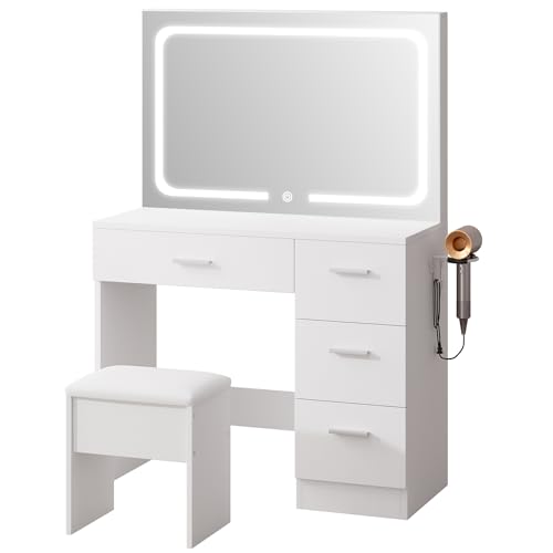 Image of LIVELYGLOW 35.4 inch White Vanity Desk Set with Full-Width LED Mirror & Stool | 3 Lighting Modes, Charging Station, Cushioned Stool, 4 Drawers