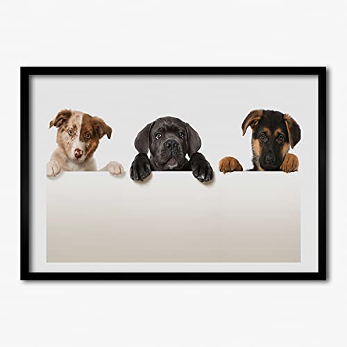 Peinture trois chiots avec cadre en bois moderne MDF 70x50 haute finition