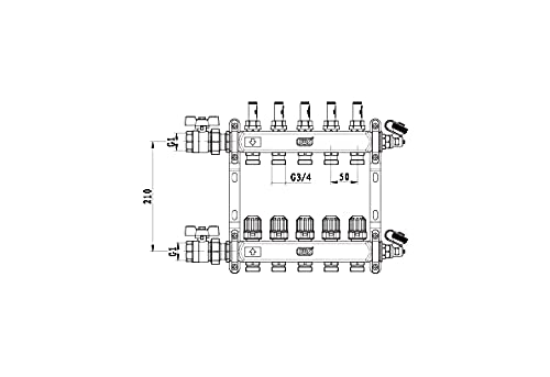 Distribuidor de circuitos de calefacción, 2 – 12 circuitos de calefacción, accionamiento por suelo radiante, ventilación manual, circuitos de calefacción: 5 circuitos de calefacción