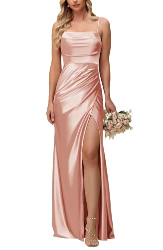 Satin Bridesmaid Dresses 2025 Spaghetti Straps Ruched Mermaid Prom Dress Formal Evening Gowns with Slit