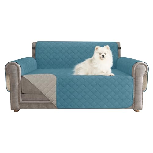 CHUN YI Loveseat Cover, Water Resistant Slipcover for 2 Cushion Couch, Reversible Washable Sofa Cover with Adjustable Strap Storage Pocket for Living Room Dog Pet (Loveseat, Teal)