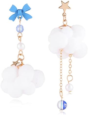 GPASTG Cute Handmade Lightweight Asymmetrical White Clouds Star Chain Dangle Drop Stud Earrings for Women Statement Jewelry Gifts