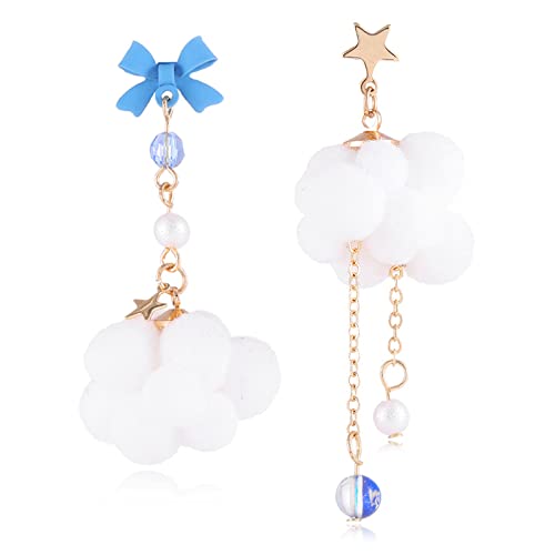 GPASTG Cute Handmade Lightweight Asymmetrical White Clouds Star Chain Dangle Drop Stud Earrings for Women Statement Jewelry Gifts
