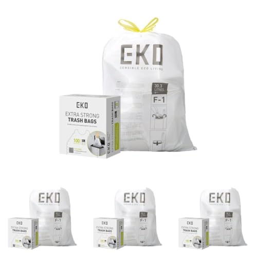 Image of EKO Easy-Dispense Roll Extra-Strong Drawstring Kitchen Trash Bags - 8 Gallon Garbage Bags (30.3L), Code F-1 Slim Fit, White, 100 Count (Pack of 4)