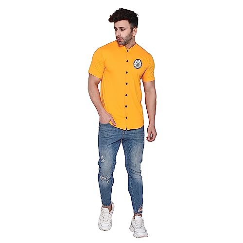 Image of Geum Men's Mandarin Collar Shirt with Graphic Print| Short Sleeve Cotton Blend Slim Fit Casual Shirt for Men