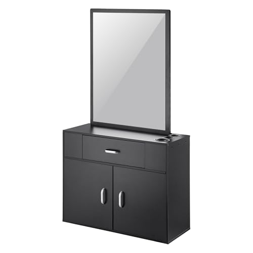 VEVOR Salon Storage Cabinet, Wall Mounted Barber Salon Station for Hair Stylist, Hair Stylist Station Set, with 3 Sleeves, A Mirror, Double-Door Cabinet, and A Drawer, Black