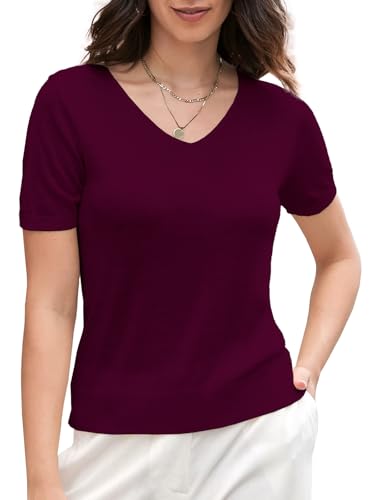 Image of SANGTREE Women's Short Sleeve Sweaters V Neck Casual Knit Pullover Tops | Perfect as a lightweight sweater for spring /summer or as a layering piece. Ideal for office, daily, holiday, home etc