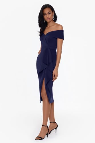 Image of Xscape Knee Length Off-The-Shoulder Scuba Side Slit Dress, Midnight Navy Blue, 6