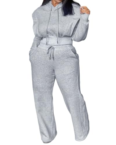 CHICME Womens 2 Piece Outfits Cropped Hooded Long Sleeve Sweatshirt