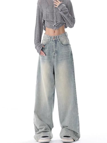 ebossy Womens Y2K Wide Leg Jeans Vintage High Waisted Boyfriend Washed Baggy Denim Pants Trendy Grunge Clothes2