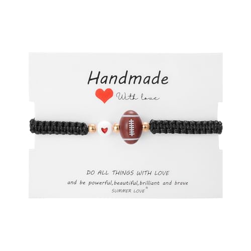 Dainty Adjustable Unisex Soccer Football Rugby Baseball Braided Sports Bracelets With Card Handmade Beaded Ball Charm Bracelets for Women Men Sports Team Party Favors Jewelry Gifts-B rugby