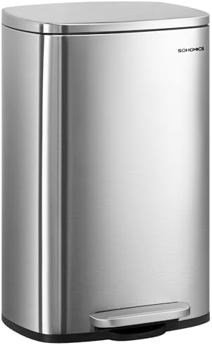 SONGMICS Mülleimer 50L aus Stahl, Tretmülleimer mit Deckel | Absenkautomatik, Inneneimer, 43,2 x 37,1 x 63,2 cm, Silbern und Tintenschwarz, PLUSHIC Kollektion LTB050E01