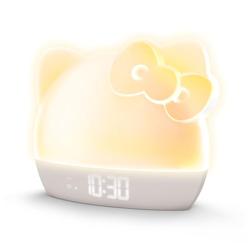 Hello Kitty Sunrise Alarm Clock with Color-Changing RGB LED Night Light Ambient Lighting Time/Date/Temperature Display USB Powered w/Device Charging White