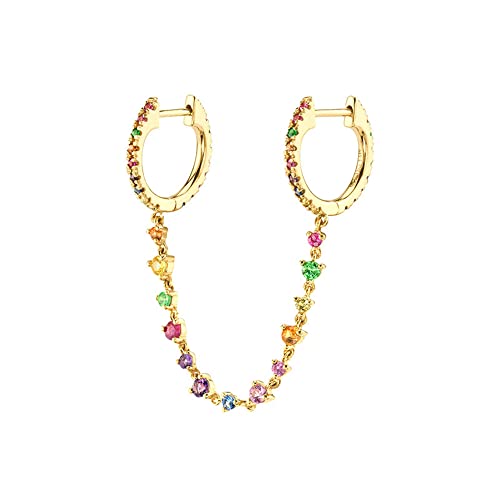 Rainbow Cz Double Piercings Two Holes Small Hoop Cuff Cartilage Hypoallergenic Earrings For Women Girls 925 Sterling Silver Post Colourful Cubic Zirconia Chain Threader Dangle Drop 14K Gold Plated Climber Crawler Wrap Dainty Huggie Hoops Fashion Jewelry Gifts 1 Pc #TOP17