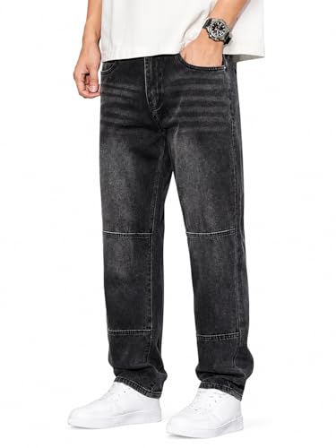 Image of Men's Pure Cotton Relaxed Fit Jeans | Washed Black Denim Pants for Men | Straight Leg Casual Denim Trousers | Comfortable Everyday Wear Jeans