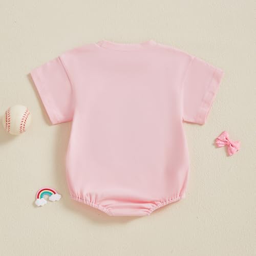 Newborn Summer Outfit Baby Girl Baseball Bow Embroidery Bubble Romper Short Sleeve One Piece Bodysuit3