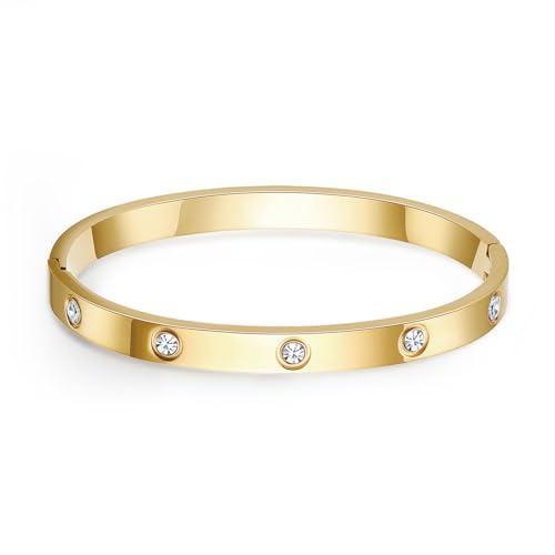 Love Bangle Bracelets for Women Trendy Stainless Steel Cubic Zirconia Hinged Friendship Jewelry, Stocking Stuffers Birthday Wedding Graduation Gifts for Women, 18k Gold-Plated, Silver